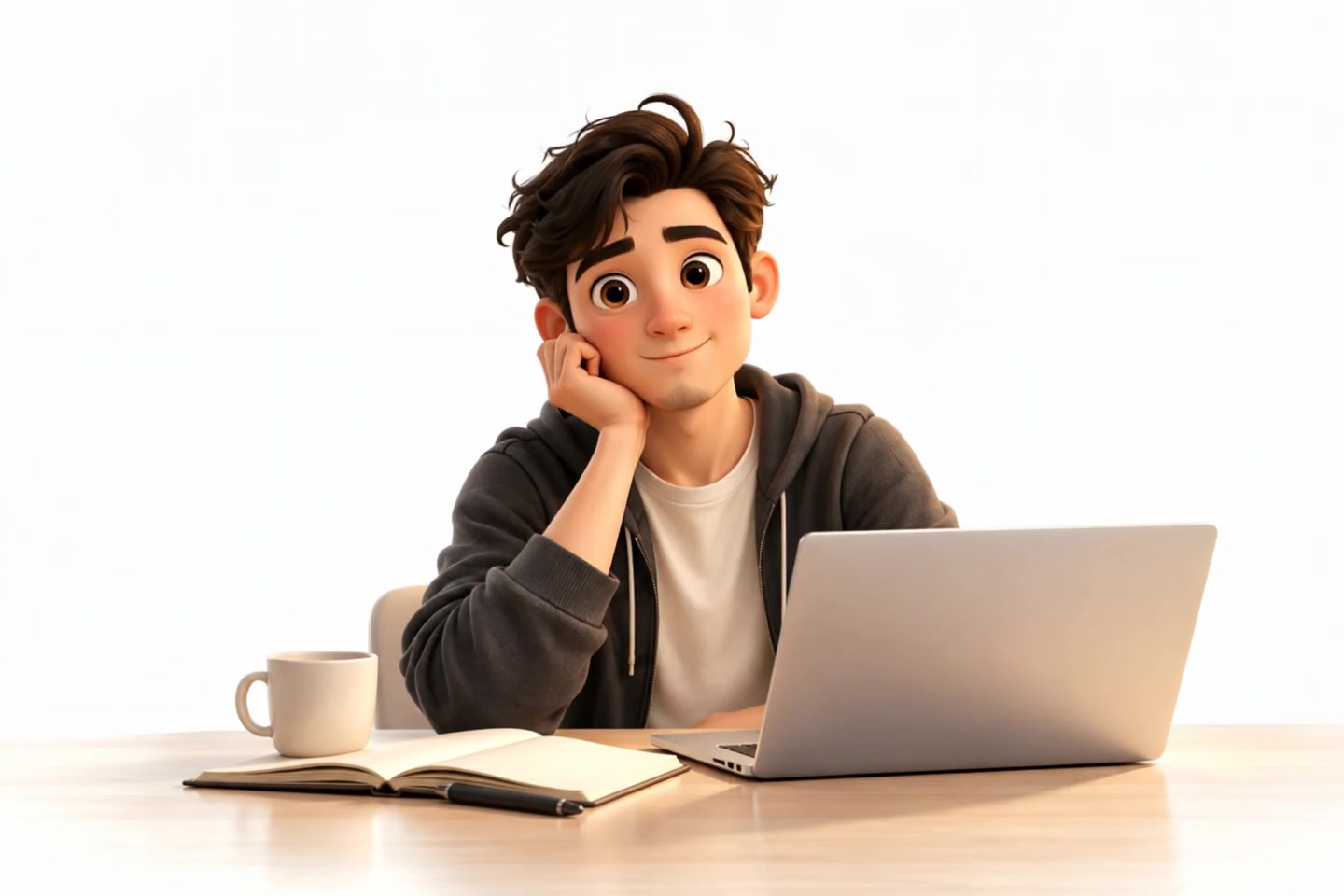 The KOA guide notices you at his desk and turns toward you in the bright white world.